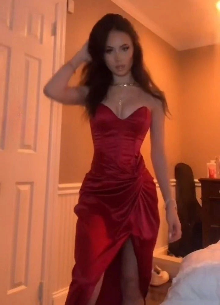 Lustrous Ruched Sweetheart Strapless Solid-Back High-Slit Prom Dress
