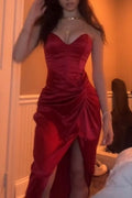 Lustrous Ruched Sweetheart Strapless Solid-Back High-Slit Prom Dress