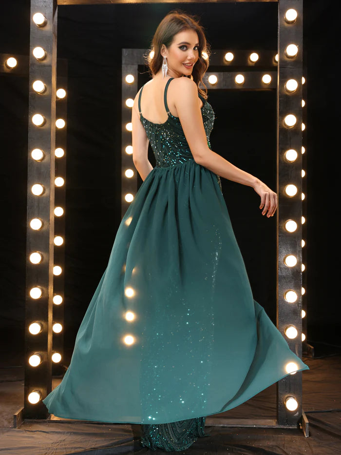 Luxurious Sequin Halter & Spaghetti-Strap Convertible Emerald Green Mermaid & A-Line Prom Dress for Women