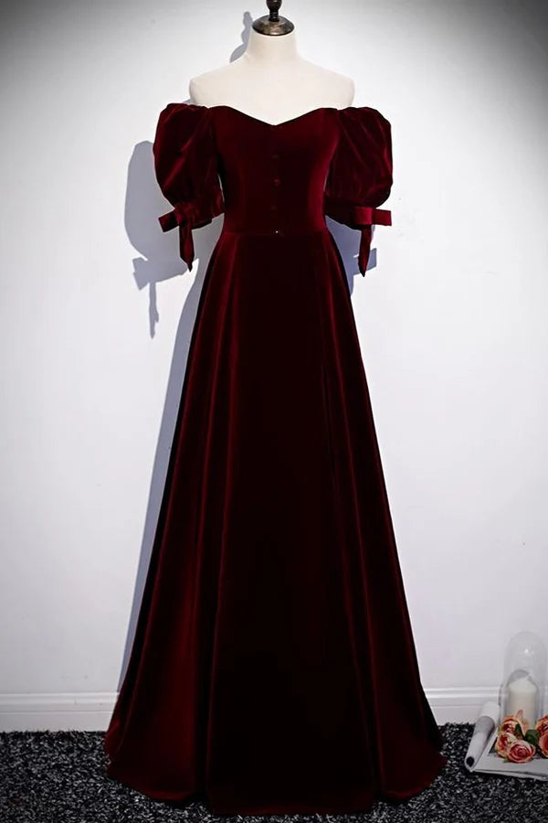 Luxurious Velvet A-Line Off-the-Shoulder Sweetheart Puff-Sleeve Zipper-Back Floor-Length Evening Gown