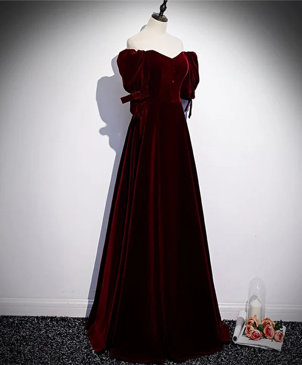 Luxurious Velvet A-Line Off-the-Shoulder Sweetheart Puff-Sleeve Zipper-Back Floor-Length Evening Gown