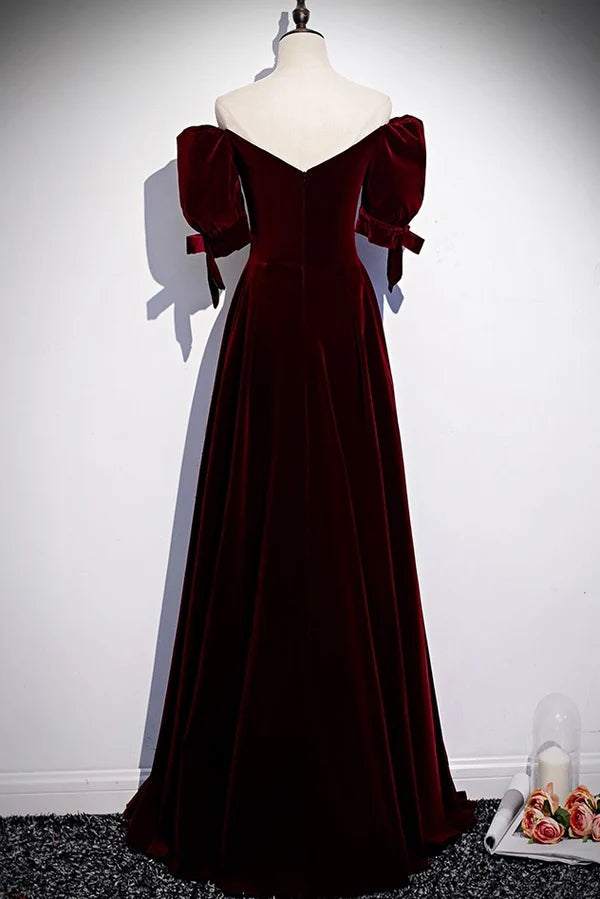 Luxurious Velvet A-Line Off-the-Shoulder Sweetheart Puff-Sleeve Zipper-Back Floor-Length Evening Gown