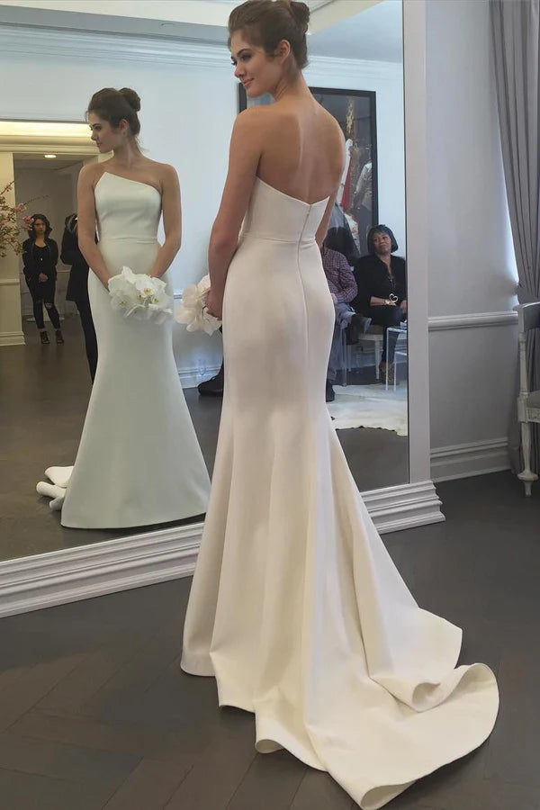 Modern Satin Mermaid One-Shoulder Sleeveless Open-Back Floor-Length Wedding Gown