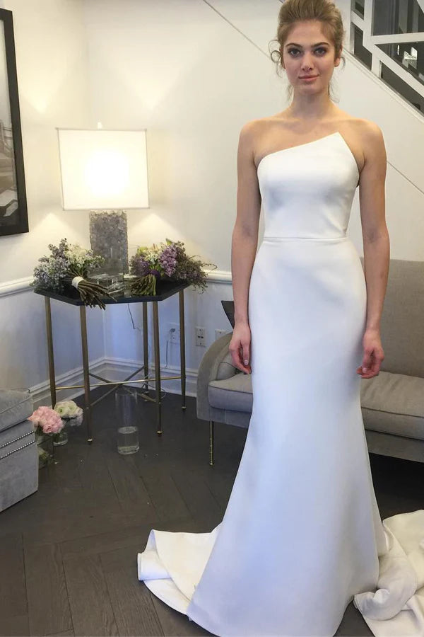 Modern Satin Mermaid One-Shoulder Sleeveless Open-Back Floor-Length Wedding Gown