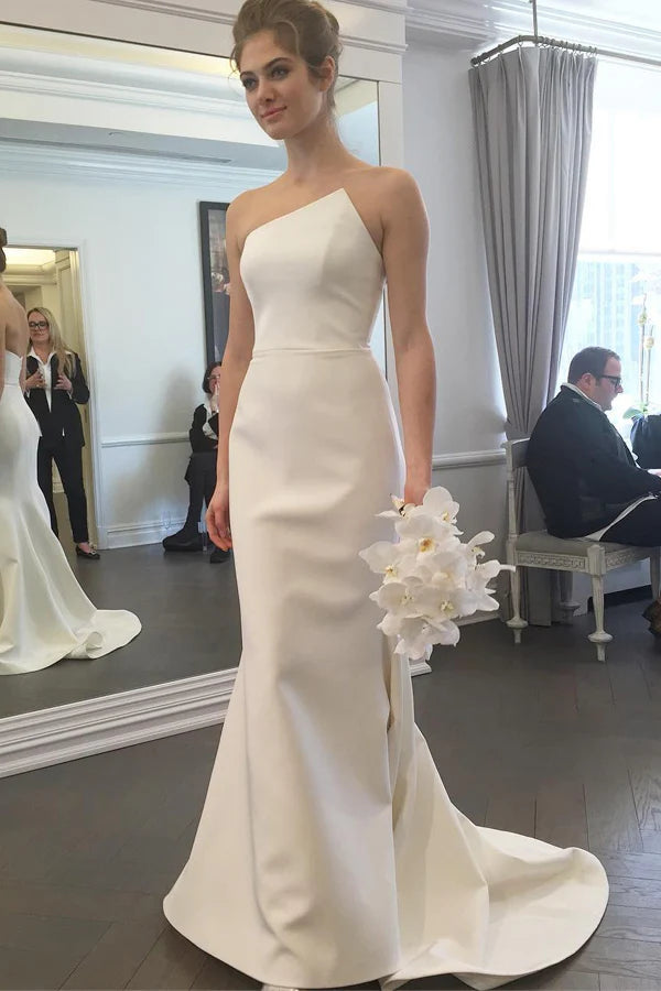 Modern Satin Mermaid One-Shoulder Sleeveless Open-Back Floor-Length Wedding Gown