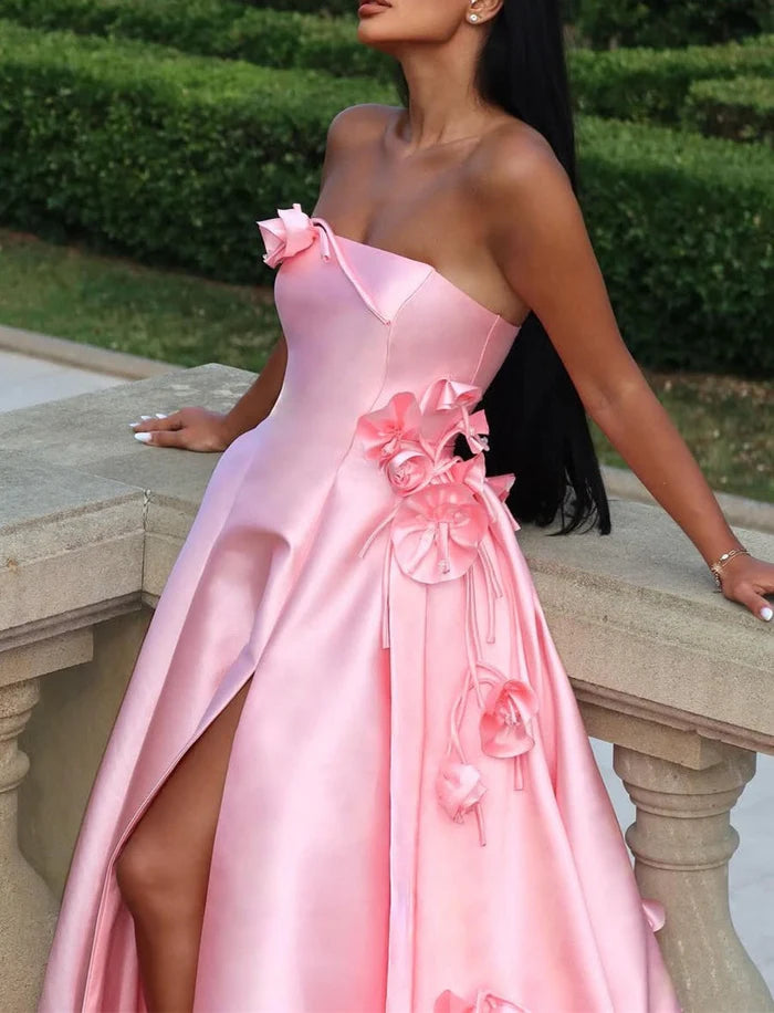 Off the Shoulder Neck Romantic Strapless 3D-Floral Satin High-Slit Sweeping-Train Prom Ballgown