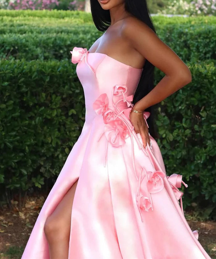 Off the Shoulder Neck Romantic Strapless 3D-Floral Satin High-Slit Sweeping-Train Prom Ballgown