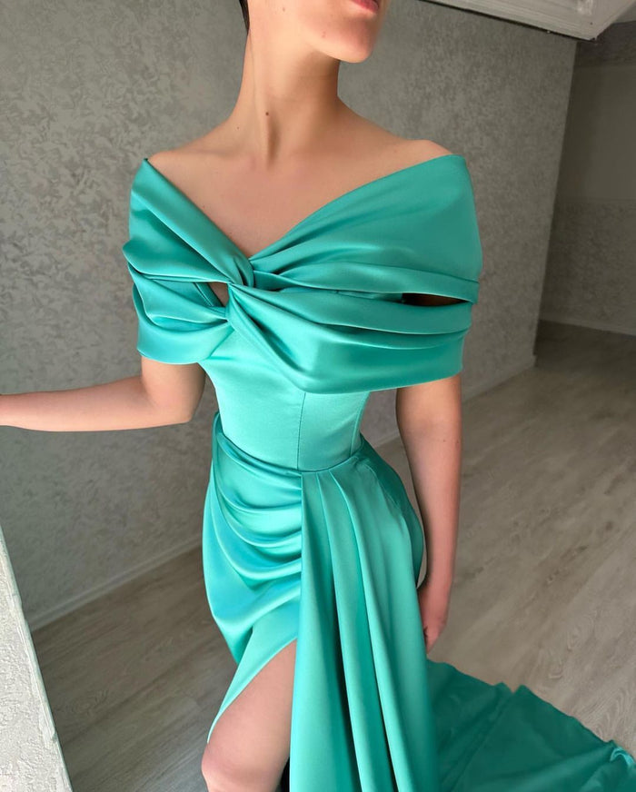 Off the Shoulder Neck Solid Color Bold Satin Mermaid Off-the-Shoulder Twist-Bodice High-Slit Overskirt-Train Floor-Length Evening Gown