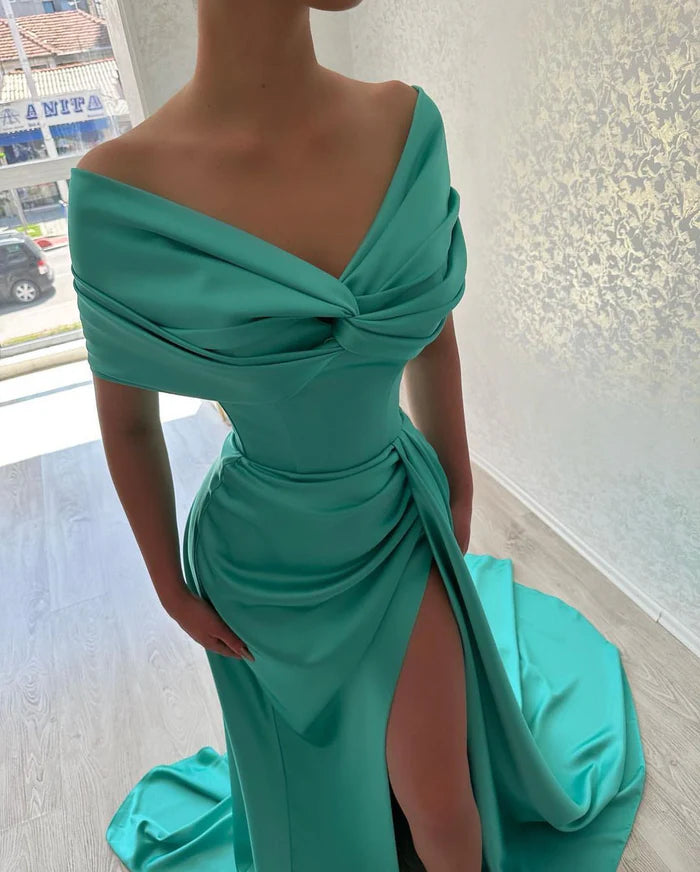 Off the Shoulder Neck Solid Color Bold Satin Mermaid Off-the-Shoulder Twist-Bodice High-Slit Overskirt-Train Floor-Length Evening Gown