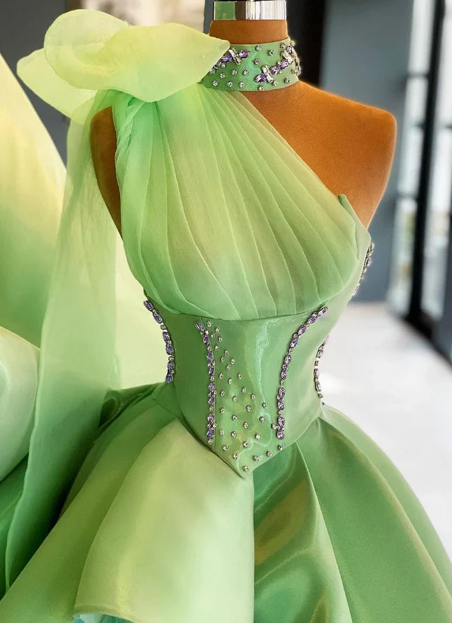 One-Shoulder Beaded Ruffled Organza Ballgown Prom Dress