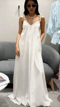 Pearl-Strap Deep-V Back Flowy Maxi Prom Dress