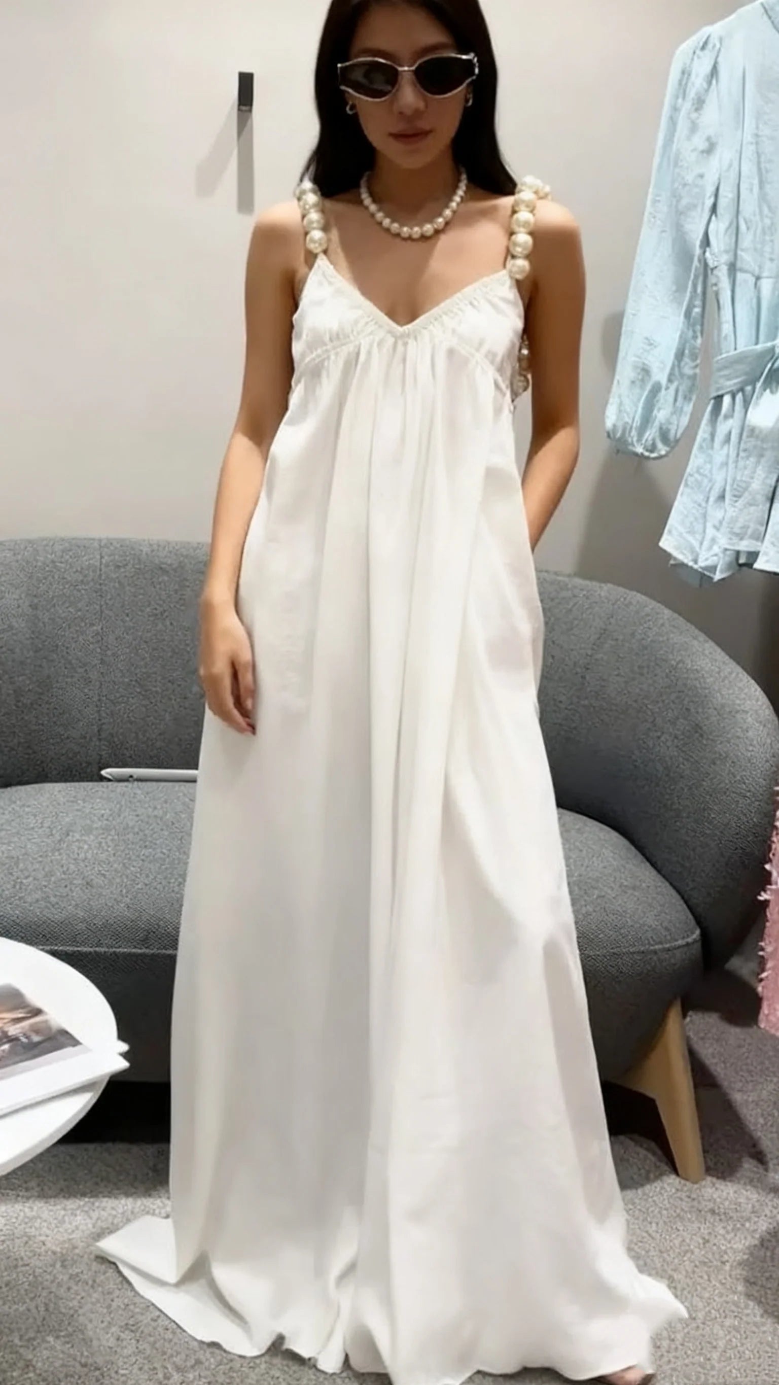 Pearl-Strap Deep-V Back Flowy Maxi Prom Dress