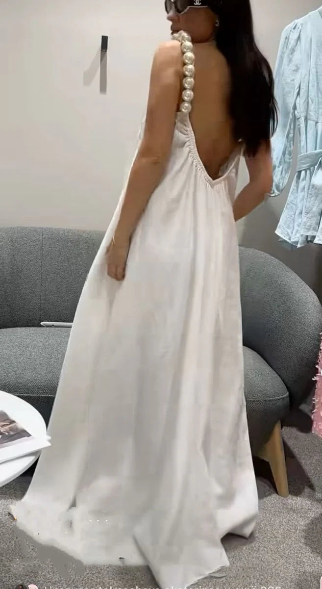Pearl-Strap Deep-V Back Flowy Maxi Prom Dress