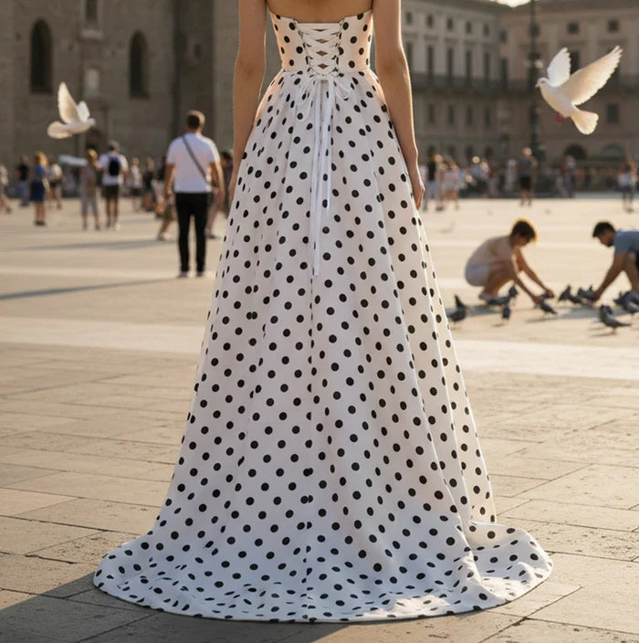 Playful Strapless Sweetheart Polka-Dot High-Slit Lace-Up Back Sweeping-Train Ballgown