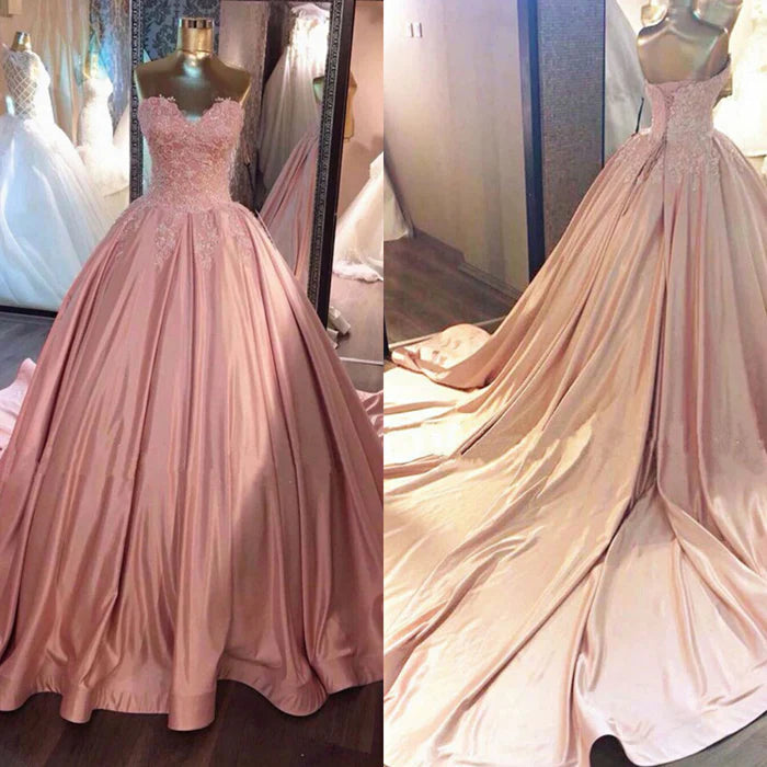 Regal Satin Ballgown Sweetheart Strapless Lace-Appliqué Lace-Up-Back Cathedral-Train Quinceañera Gown