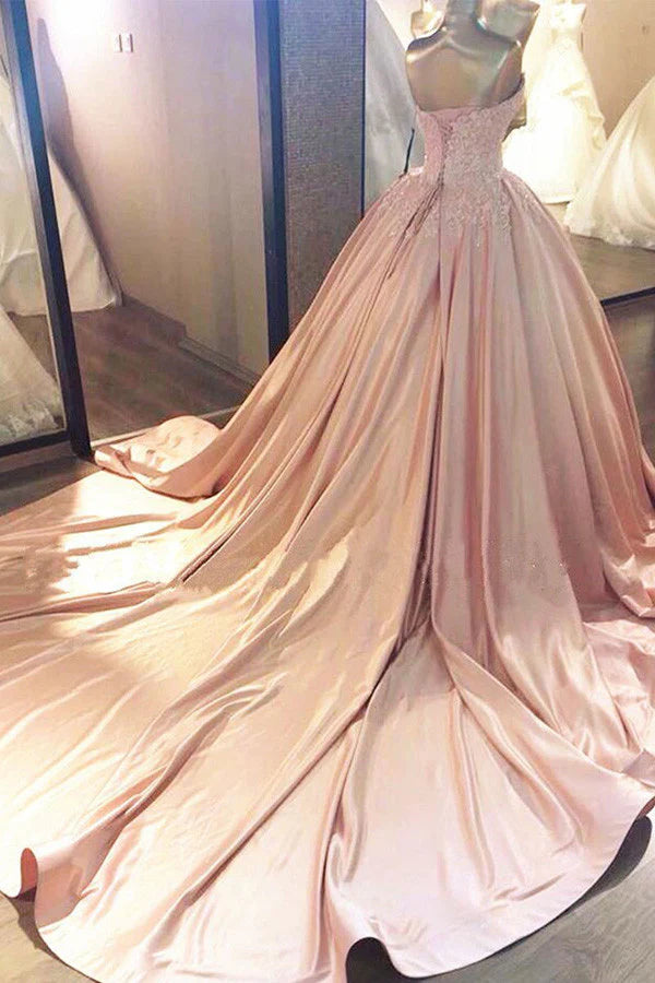 Regal Satin Ballgown Sweetheart Strapless Lace-Appliqué Lace-Up-Back Cathedral-Train Quinceañera Gown