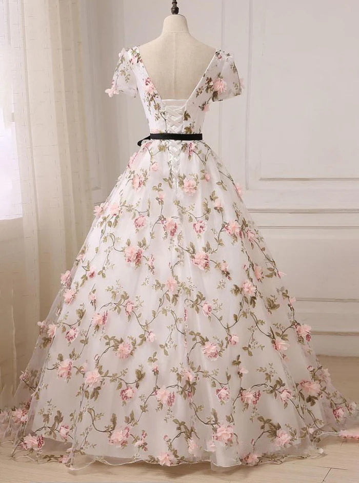 Romantic Floral-Appliqué Ballgown Sweetheart Cap-Sleeve Lace-Up-Back Floor-Length Prom Gown
