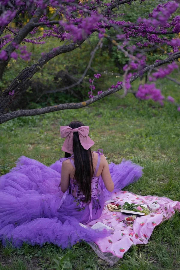 Romantic Floral-Appliqué Ballgown Sweetheart Spaghetti-Strap Detachable-Sleeve Lace-Up-Back Floor-Length Prom Gown