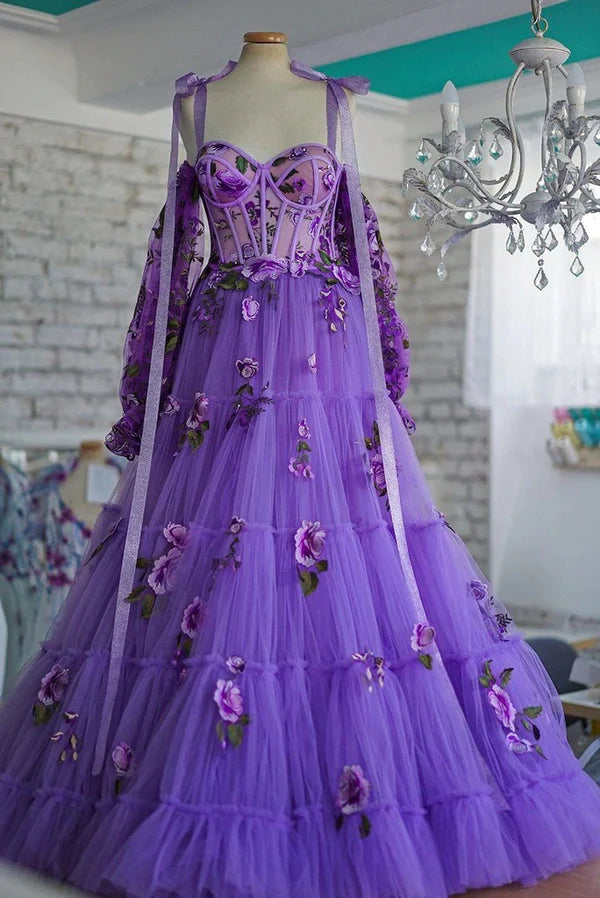 Romantic Floral-Appliqué Ballgown Sweetheart Spaghetti-Strap Detachable-Sleeve Lace-Up-Back Floor-Length Prom Gown