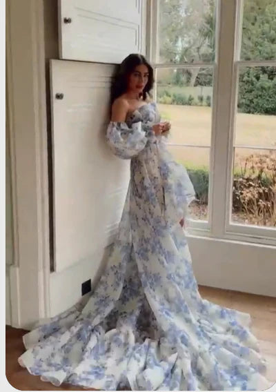 Romantic Floral Chiffon A-Line Off-the-Shoulder Puff-Sleeve Open-Back Floor-Length Prom Gown