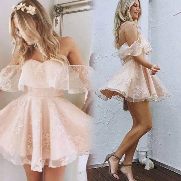 Romantic Lace A-Line Sweetheart Off-the-Shoulder Ruffle-Sleeve Mini-Length Homecoming Dress
