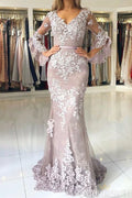 Romantic Lace Mermaid V-Neck Bell-Sleeve Lace-Up-Back Floor-Length Evening Gown