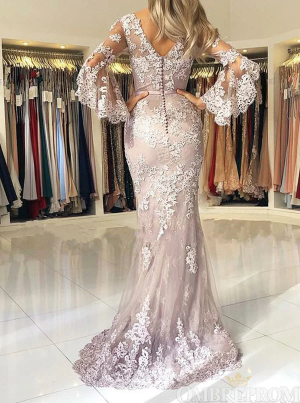 Romantic Lace Mermaid V-Neck Bell-Sleeve Lace-Up-Back Floor-Length Evening Gown