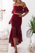 Romantic Lace Two-Piece Mermaid Sweetheart Off-the-Shoulder Ruffle-Sleeve Hi-Lo-Length Cocktail Dress