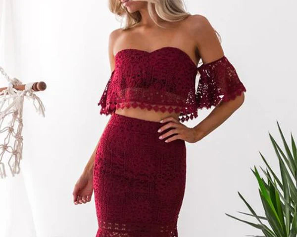Romantic Lace Two-Piece Mermaid Sweetheart Off-the-Shoulder Ruffle-Sleeve Hi-Lo-Length Cocktail Dress