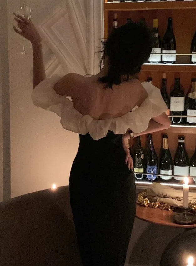Romantic Slim-Fit Off-the-Shoulder Ruffle-Sleeve Open-Back Midi Cocktail Party Dress