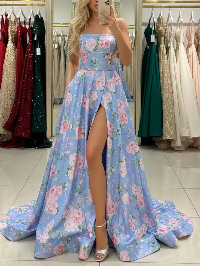 Romantic Strapless Sweetheart Floral-Print High-Slit Lace-Up Back Sweeping-Train Ballgown