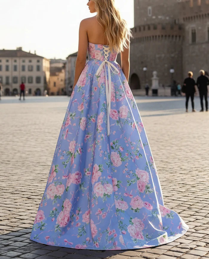 Romantic Strapless Sweetheart Floral-Print High-Slit Lace-Up Back Sweeping-Train Ballgown
