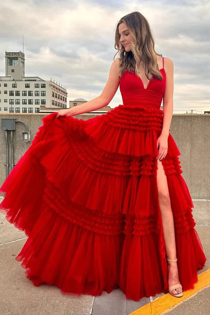 Romantic Tiered-Ruffle Ballgown Plunging V-neck Spaghetti-strap Open-back Floor-length Prom Dress for Women
