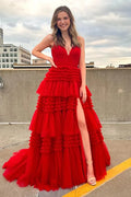 Romantic Tiered-Ruffle Ballgown Plunging V-neck Spaghetti-strap Open-back Floor-length Prom Dress for Women
