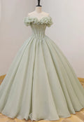 Ruffled Off-Shoulder Beaded Lace Ballgown Prom Dress