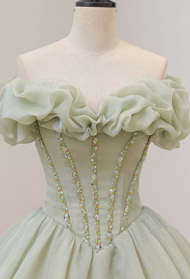 Ruffled Off-Shoulder Beaded Lace Ballgown Prom Dress