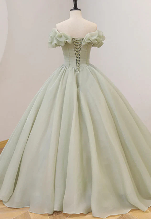 Ruffled Off-Shoulder Beaded Lace Ballgown Prom Dress