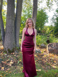 Satin Halter-Neck Deep-V Crisscross-Back Ruched Maxi Prom Dress