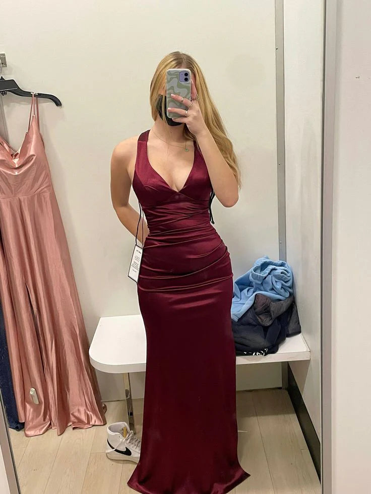 Satin Halter-Neck Deep-V Crisscross-Back Ruched Maxi Prom Dress