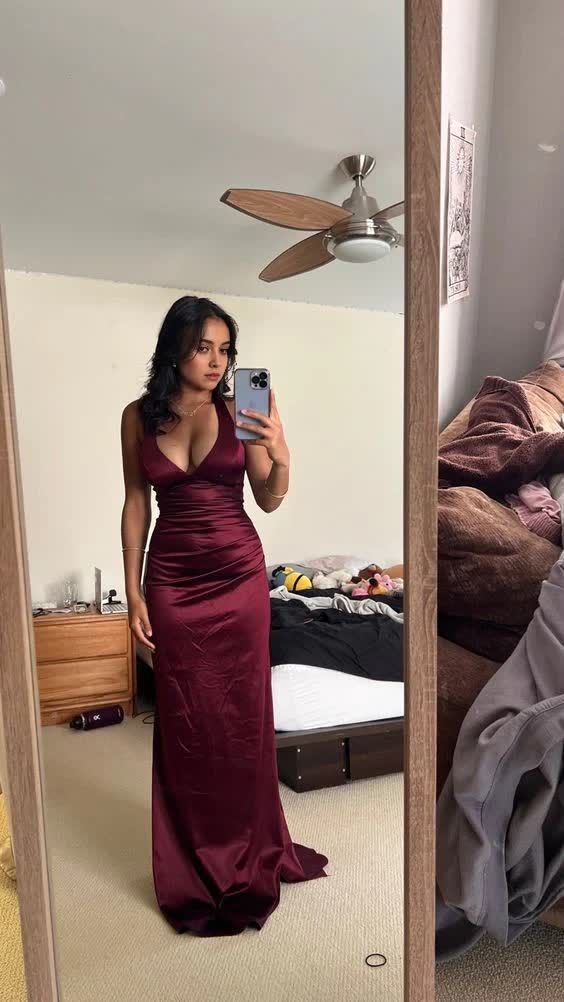Satin Halter-Neck Deep-V Crisscross-Back Ruched Maxi Prom Dress