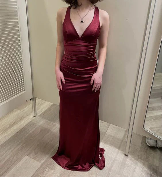 Satin Halter-Neck Deep-V Crisscross-Back Ruched Maxi Prom Dress