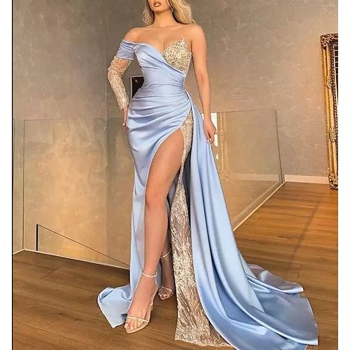 Satin One-Shoulder Beaded Lace Ruched High-Slit Prom Dress