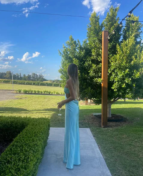 Satin Sheer-Cut Square Neck Spaghetti Strap Flowy Maxi Prom Dress