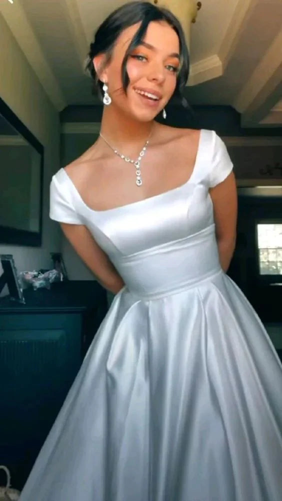 Satin Square-Neck Short-Sleeve Open-Back Ballgown Prom Dress