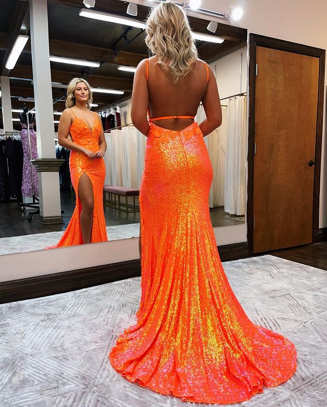 Sequin-Embroidered Deep-V Spaghetti-Strap Open-Back High-Slit Prom Dress