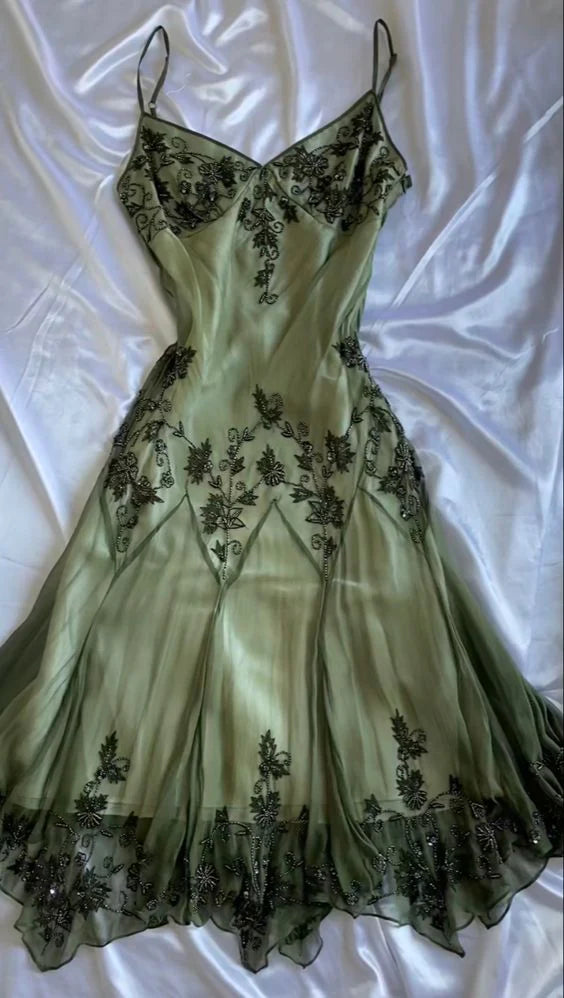 Sheer Floral-Embroidered Spaghetti Strap V-Neck Flowy Midi Prom Dress