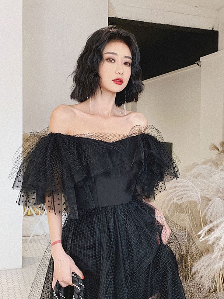 Sheer Polka-Dot Ruffled Off-Shoulder Tiered Floor-Length Prom Dress