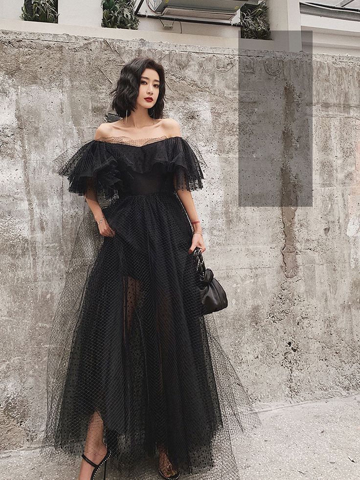 Sheer Polka-Dot Ruffled Off-Shoulder Tiered Floor-Length Prom Dress
