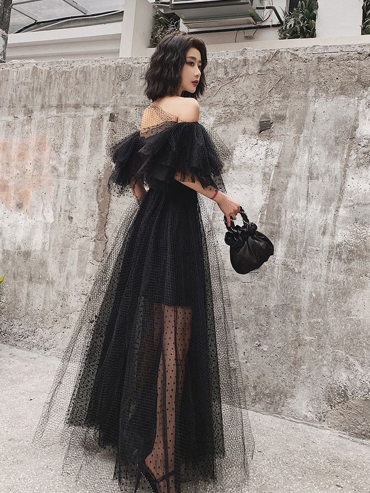 Sheer Polka-Dot Ruffled Off-Shoulder Tiered Floor-Length Prom Dress