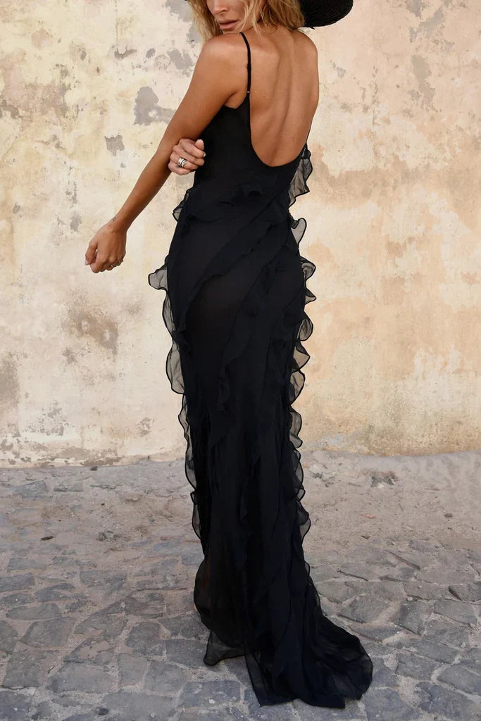 Sheer Ruffled Deep-V Spaghetti-Strap Open-Back High-Slit Prom Dress